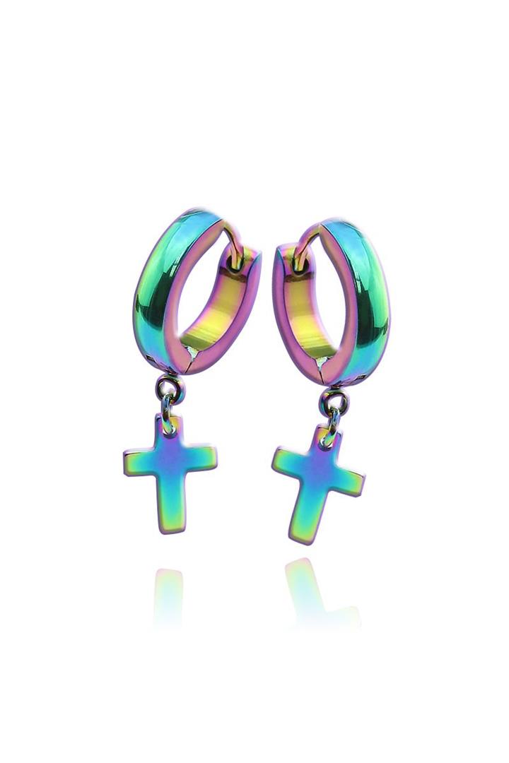 Pair Of 20G Stainless Steel Cross Dangle Hoop Earrings